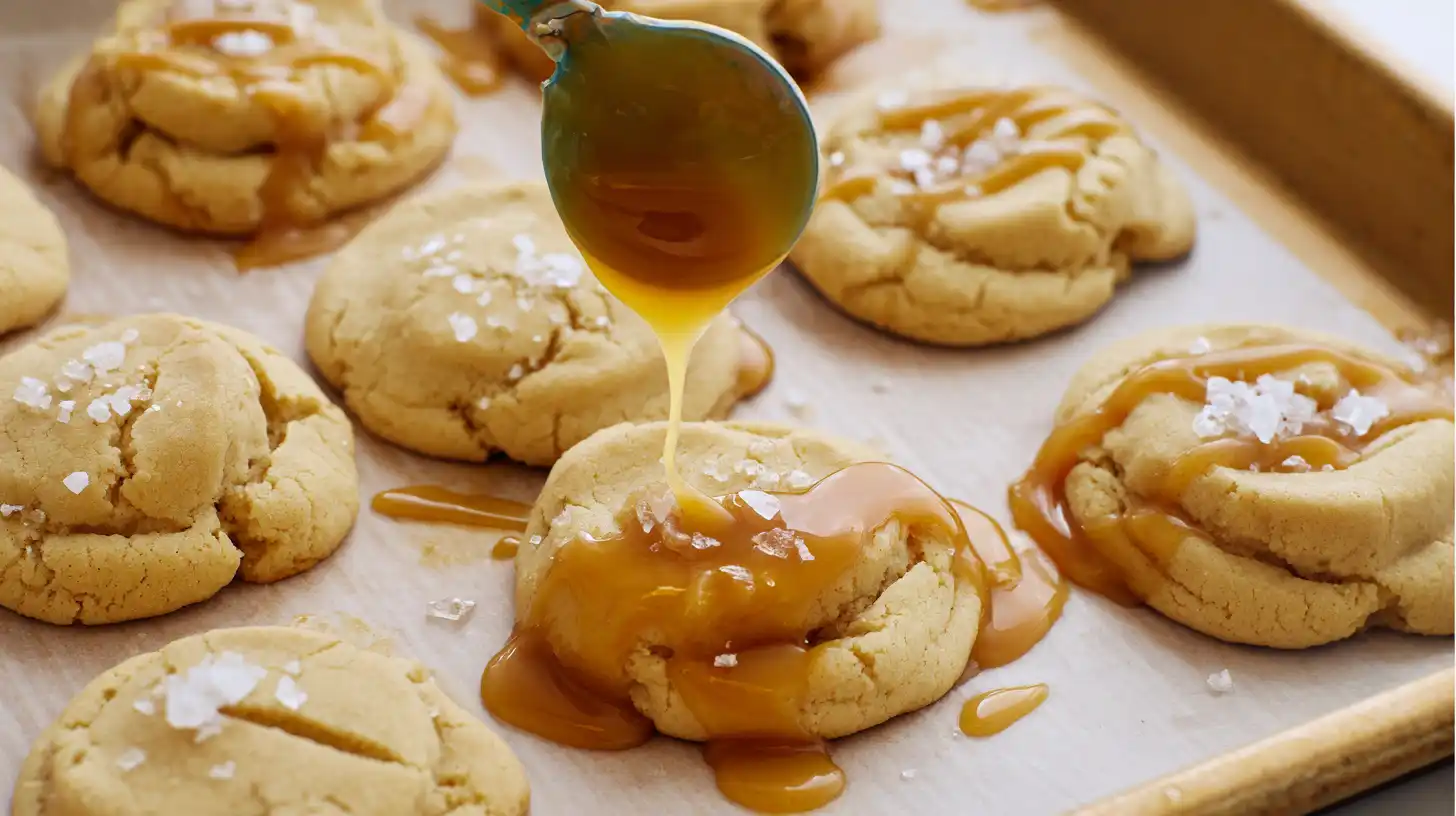 Cheesecake-stuffed cookies drizzled with warm caramel and flaky sea salt – dessert recipe for gooey stuffed cookies