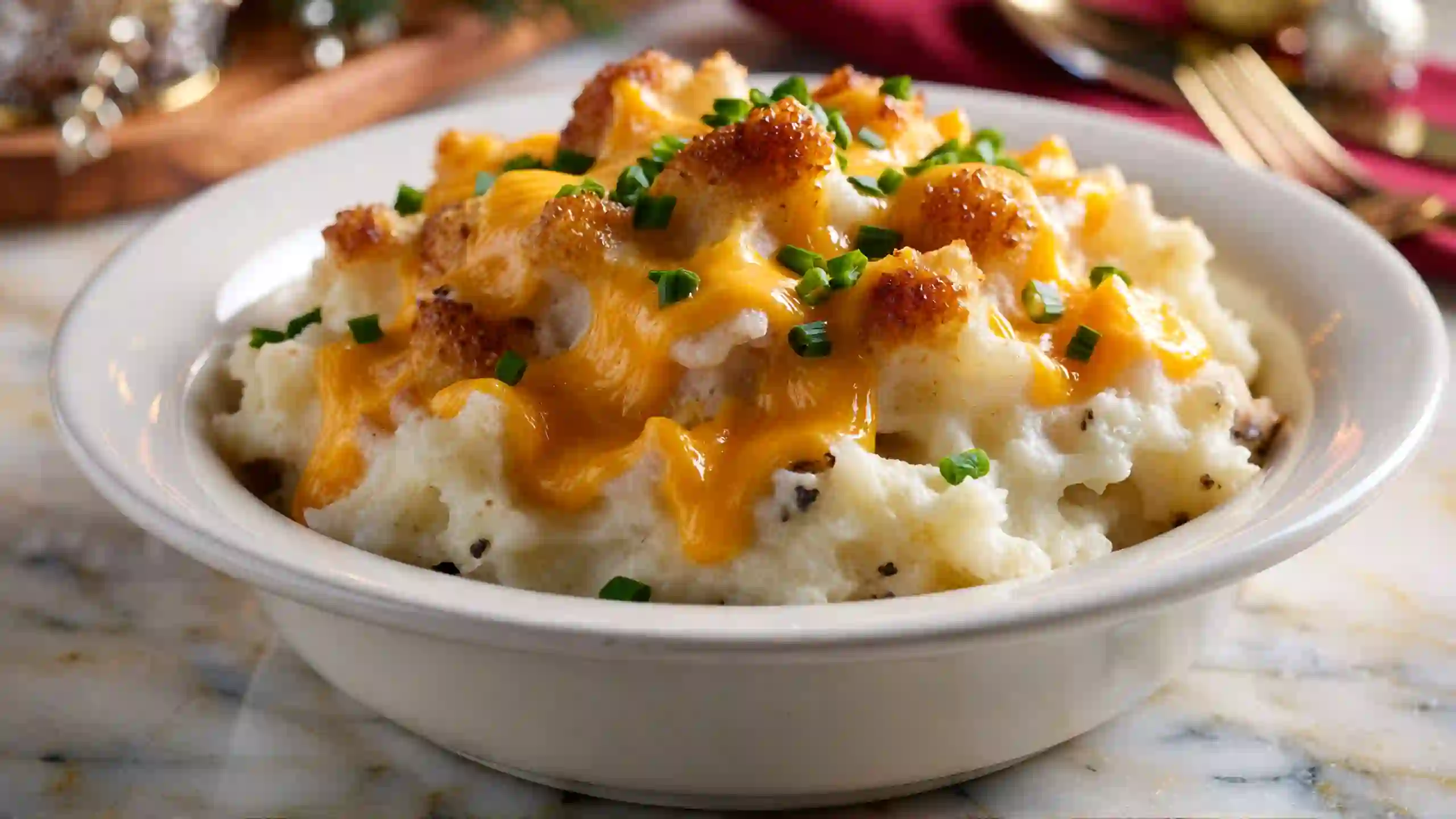 Holiday Mashed Potato Magic Cheddar and sour cream mashed potatoes with melted cheese and chives – rich, creamy potato side dish for holidays and comfort food meals