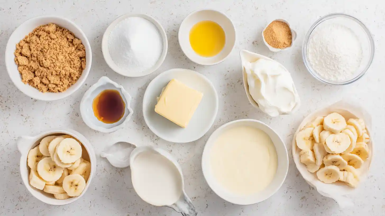 cheesecake-banana-pudding-bites-ingredients-image Flat lay of ingredients for cheesecake banana pudding bites including graham cracker crumbs, cream cheese, sugar, banana slices, vanilla pudding, and Nilla wafers on a bright kitchen surface.