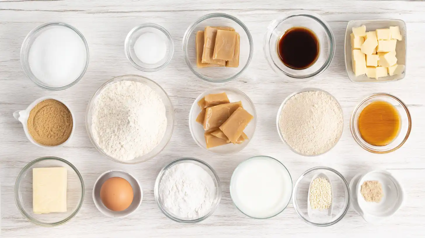 Flat lay of 14 baking ingredients in clear bowls on light wood for Caramel Cheesecake Cookies, including cream cheese, flour, brown sugar, butter, caramels, and vanilla.