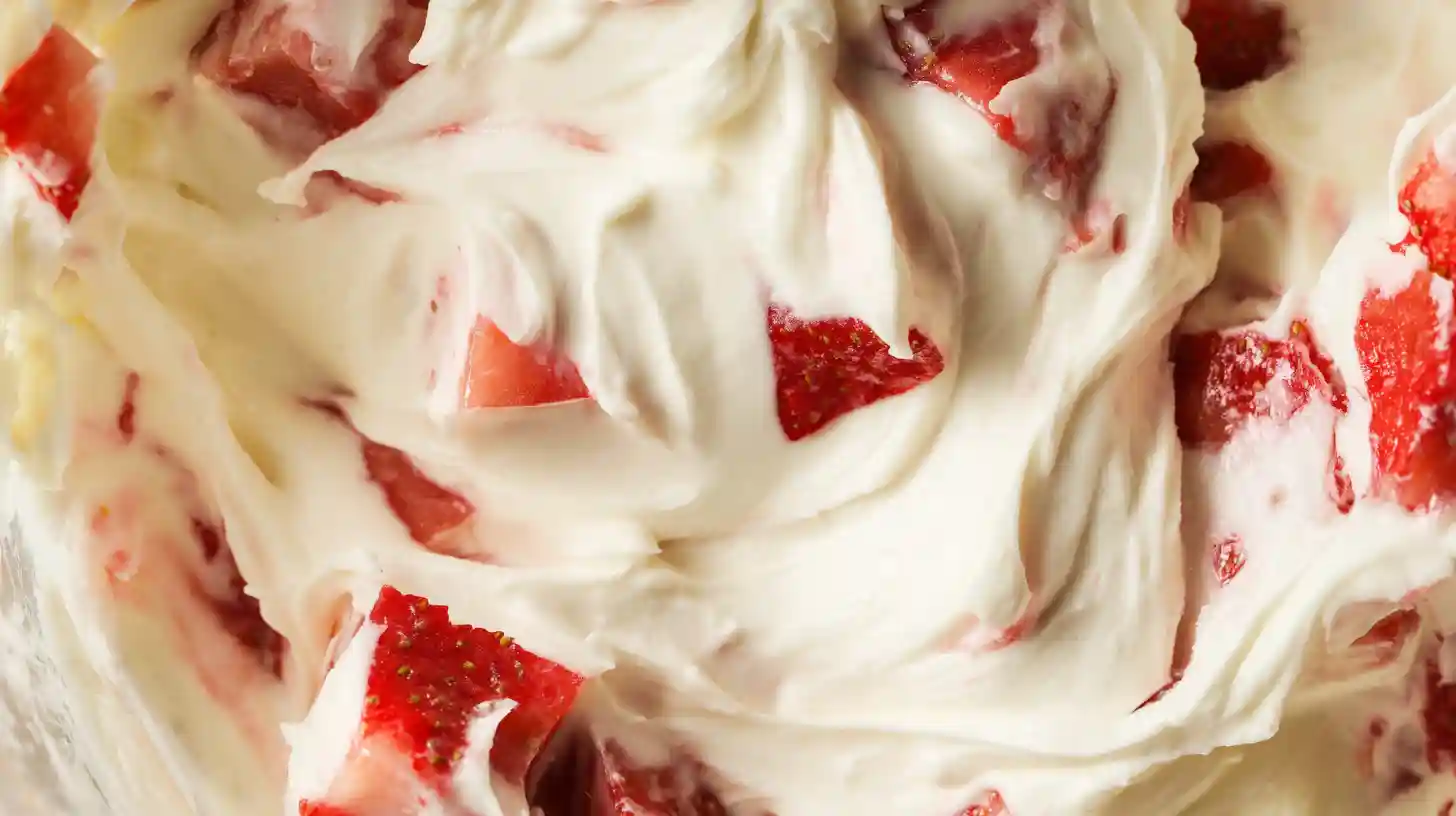 Thick white cream cheese filling with diced fresh strawberries gently folded in inside a glass bowl.