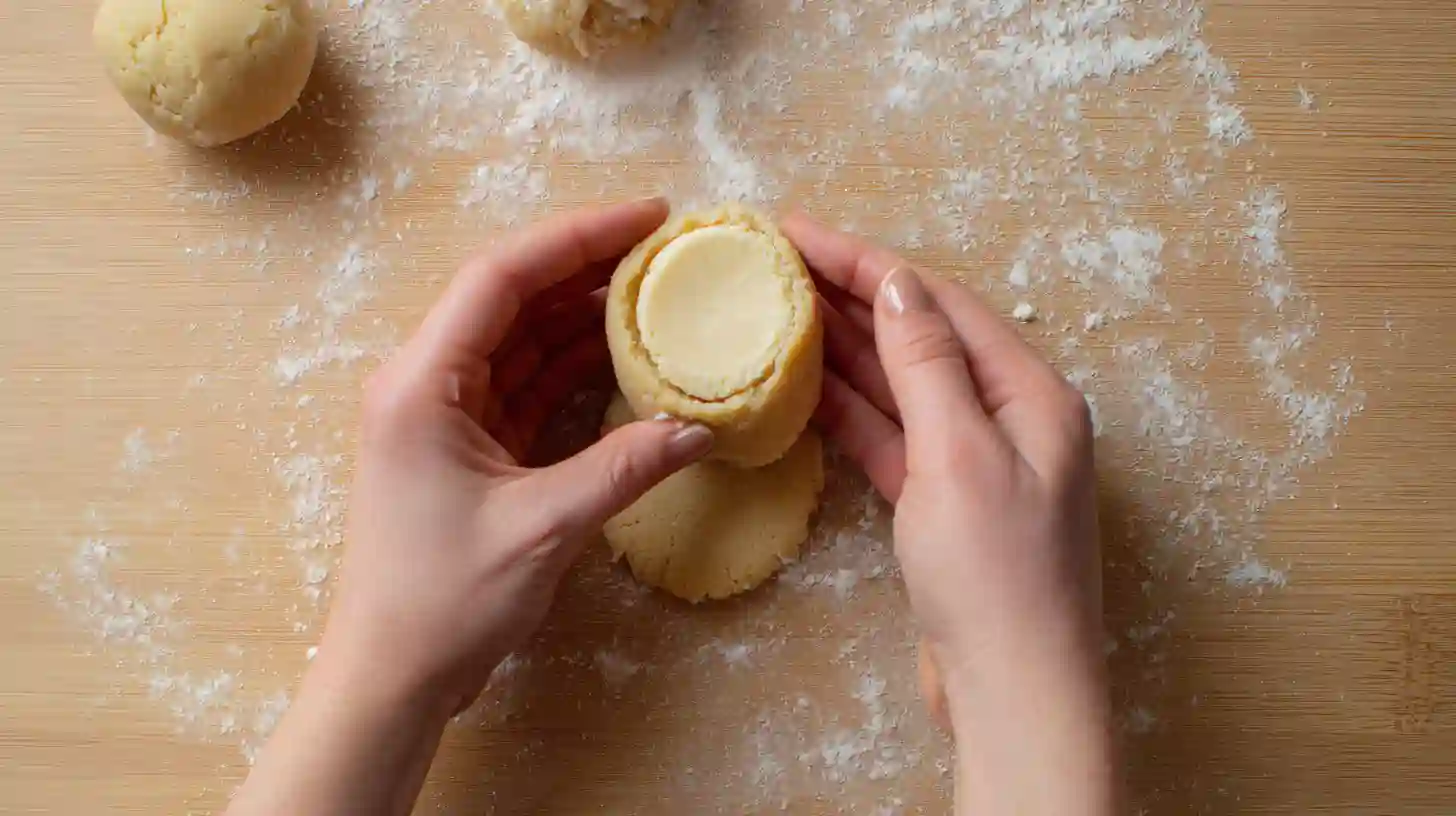 Step-by-step process of filling cookie dough with frozen cheesecake centers – how to stuff cookie dough with cheesecake for ultimate dessert cookies