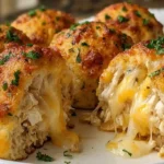 Gooey Cheesy Ranch Chicken Bombs filled with melted cheddar and cream cheese, topped with golden crust and parsley on a white plate.