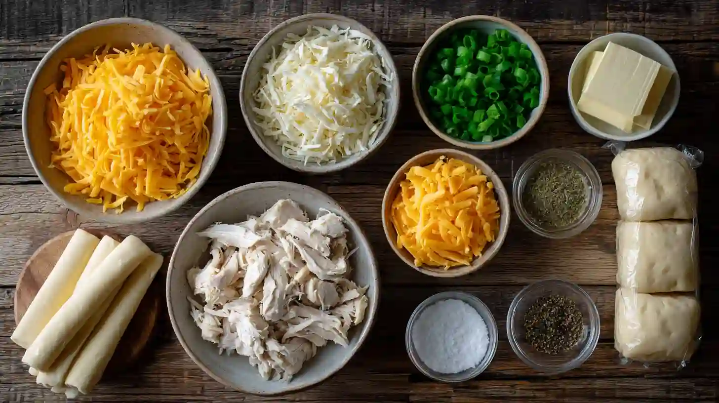 cheesy-ranch-chicken-bombs-ingredients-image Easy weeknight Cheesy Ranch Chicken Bombs ingredients – shredded chicken, ranch seasoning, cream cheese, and biscuit dough for baked cheesy chicken bombs.