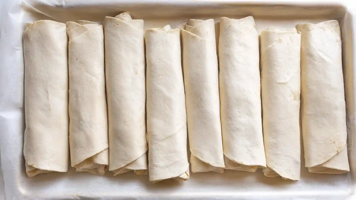 Chilled strawberry cheesecake chimichangas on a parchment-lined baking sheet, perfect no-bake dessert prep for summer recipes