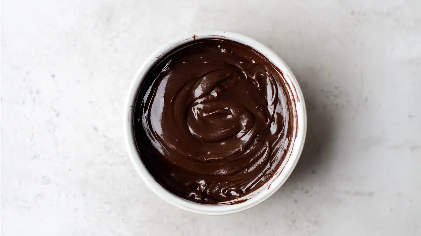 Glossy chocolate ganache in a white bowl — rich chocolate dessert sauce recipe for cakes, cookies, and pastries