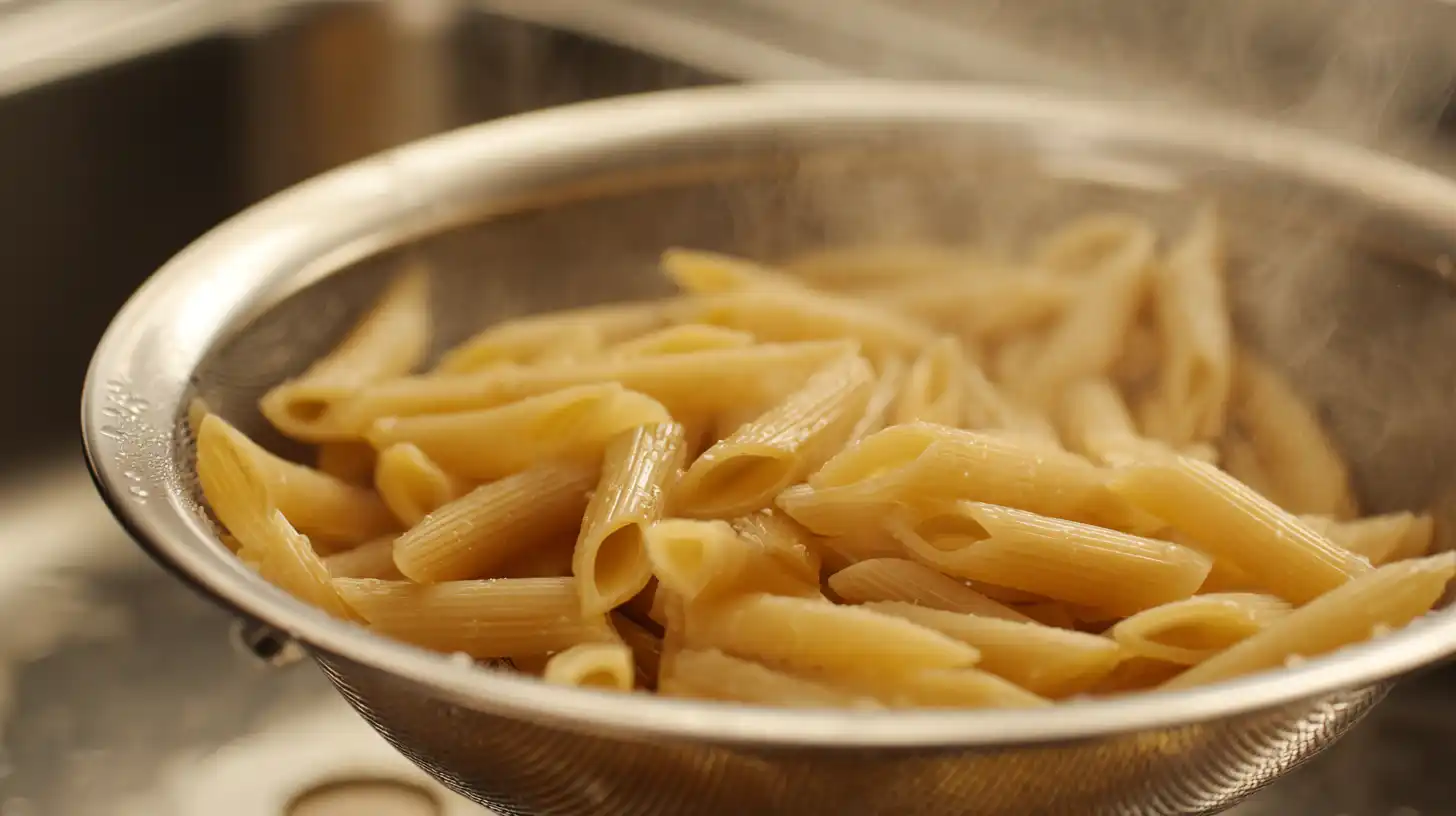 Boiled penne pasta draining in a colander with steam rising — quick pasta cooking method for easy pasta dinner recipes