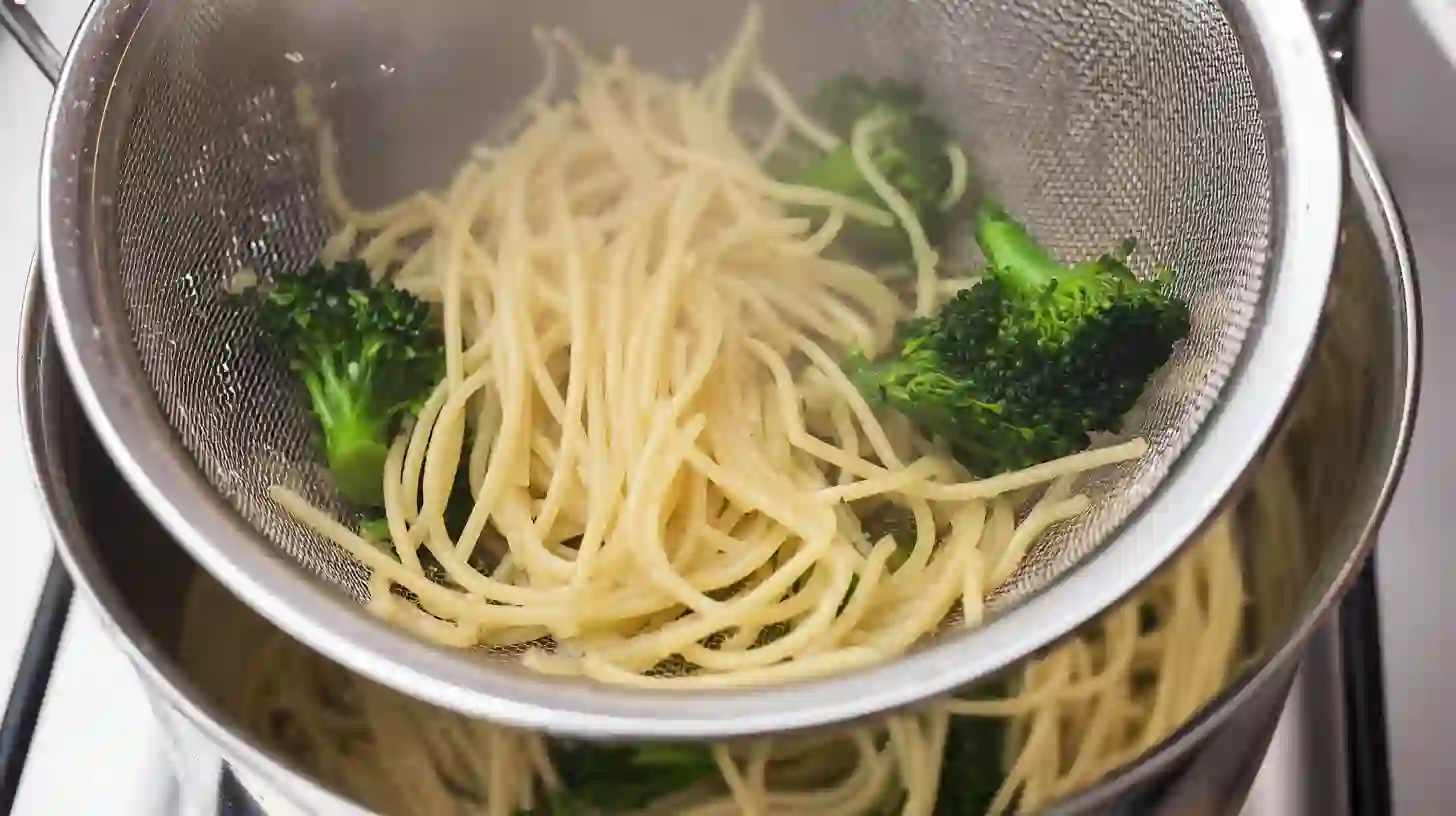 Boiling spaghetti and baby broccoli for creamy steak Alfredo pasta recipe – easy family pasta dinner idea