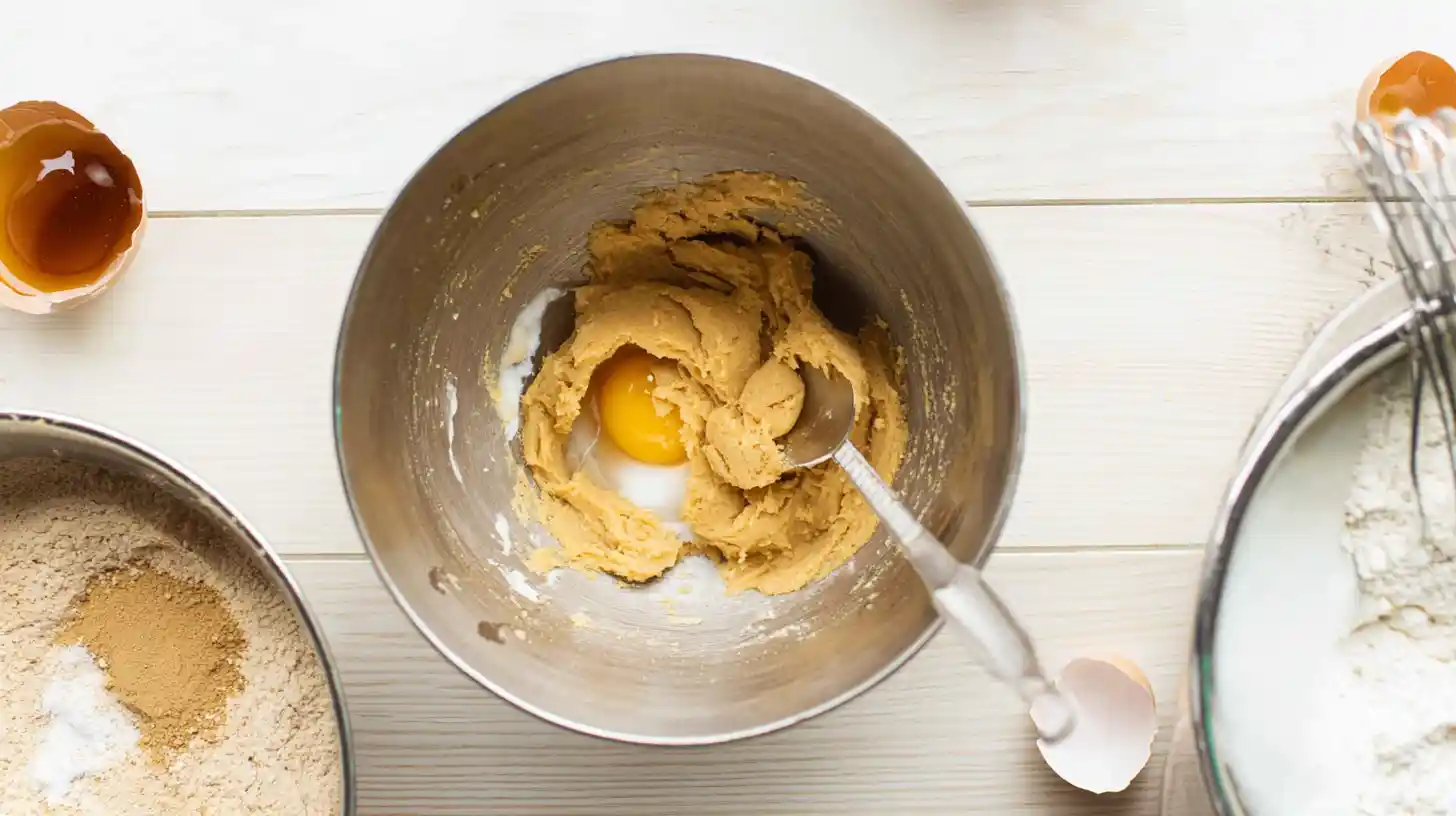 Step-by-step cookie dough mixing with butter, brown sugar, egg, and vanilla in a bowl on light wooden background – homemade dessert recipe in progress