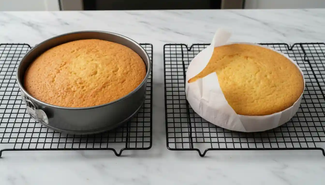 cooling-hawaiian-pineapple-cake-layers-wire-rack Cooling homemade Hawaiian pineapple cake layers on wire racks — golden sponge cakes made with crushed pineapple and coconut, resting on marble countertop.