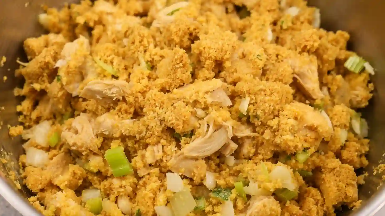 cornbread-chicken-mix-best-casserole-potluck-step2 Mixing cornbread, shredded chicken, and sautéed vegetables for the best casserole for potluck and quick family dinner recipes.