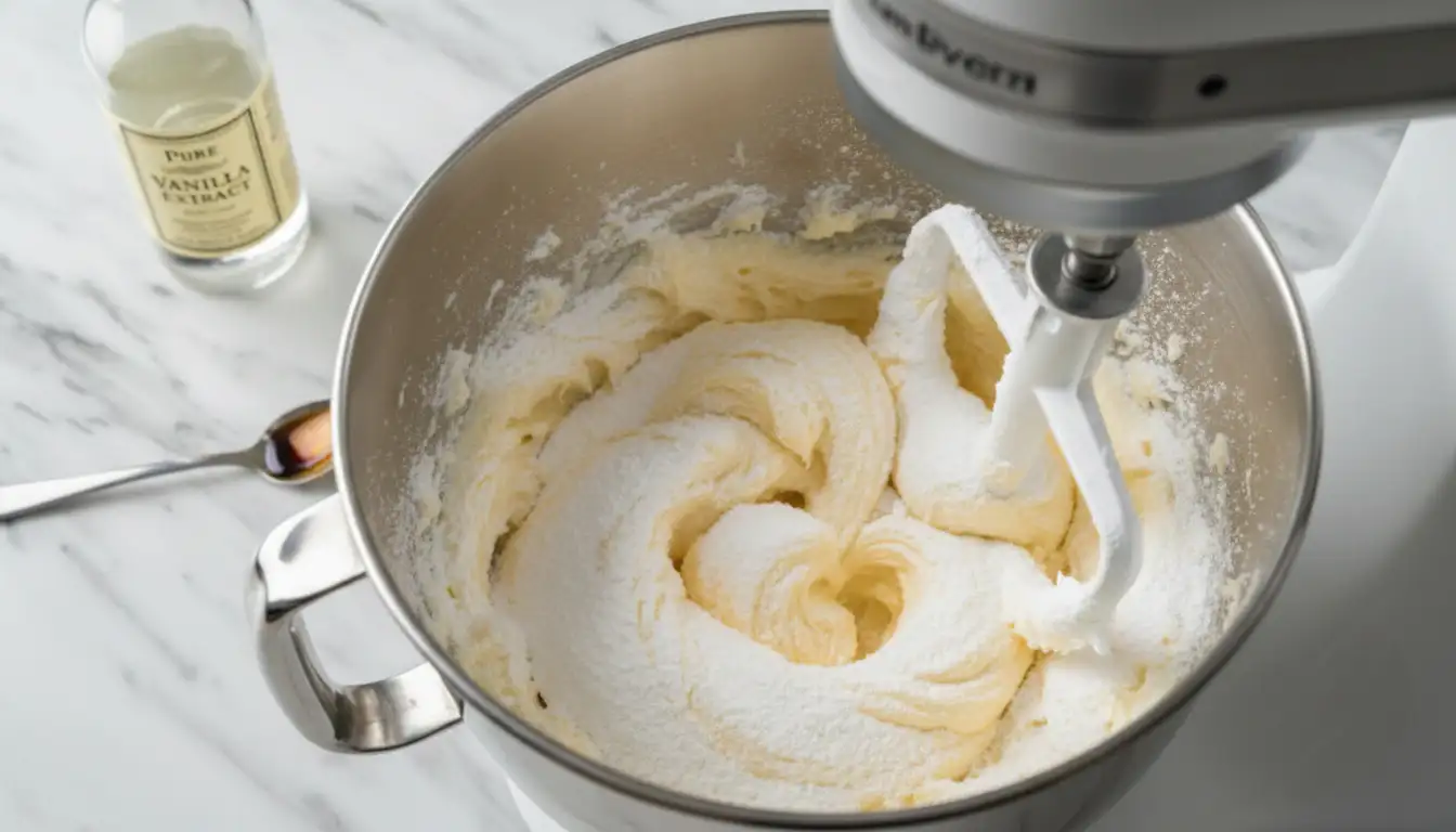 cream-cheese-frosting-with-powdered-sugar-for-pineapple-cake Fluffy cream cheese frosting with powdered sugar and vanilla in a mixing bowl for pineapple coconut cake frosting.