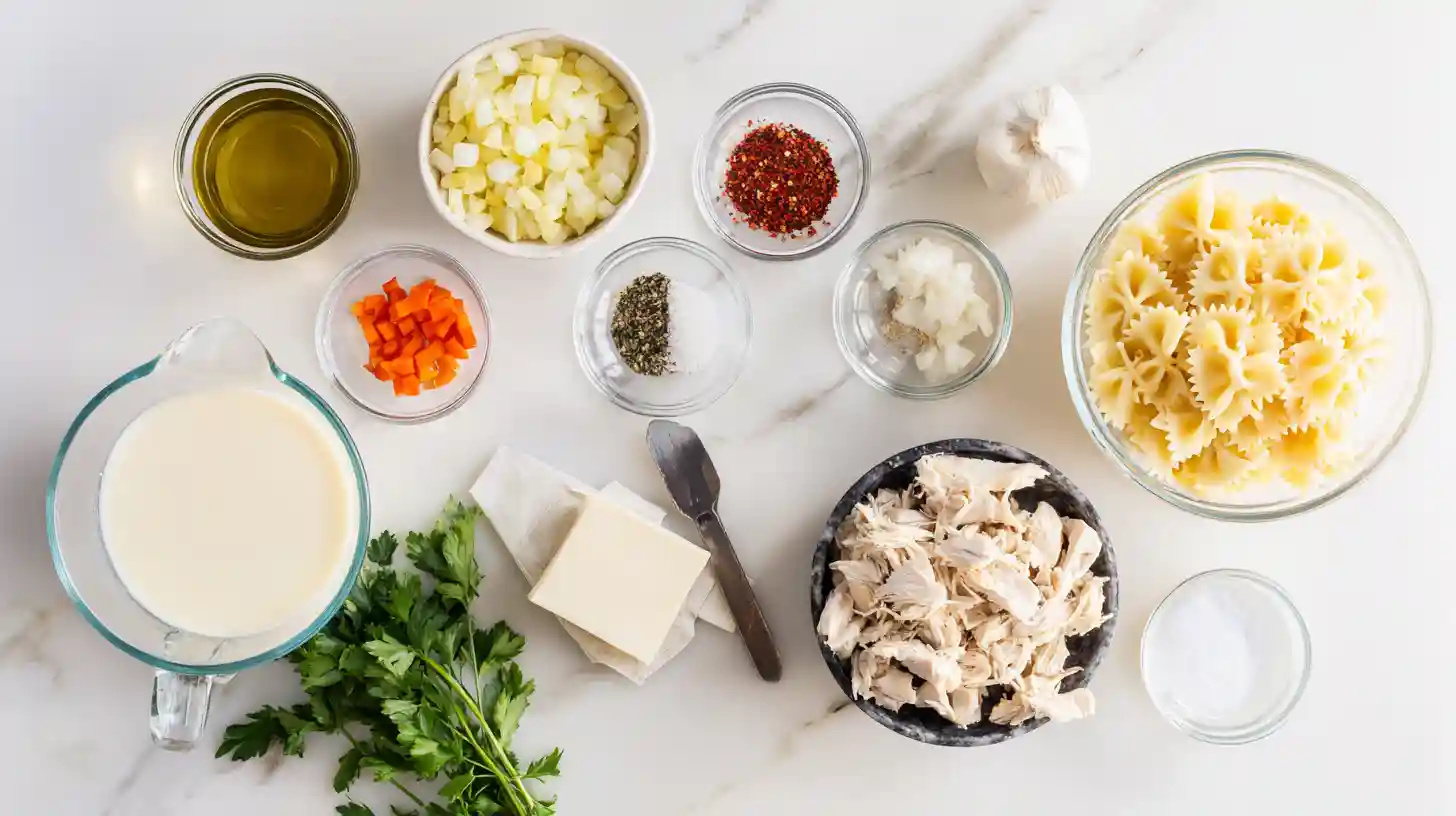 creamy-chicken-alfredo-soup-Ingredients-image Flat lay of fresh ingredients for creamy chicken Alfredo soup, including bowtie pasta, shredded chicken, garlic, onion, cream, cheeses, and spices.