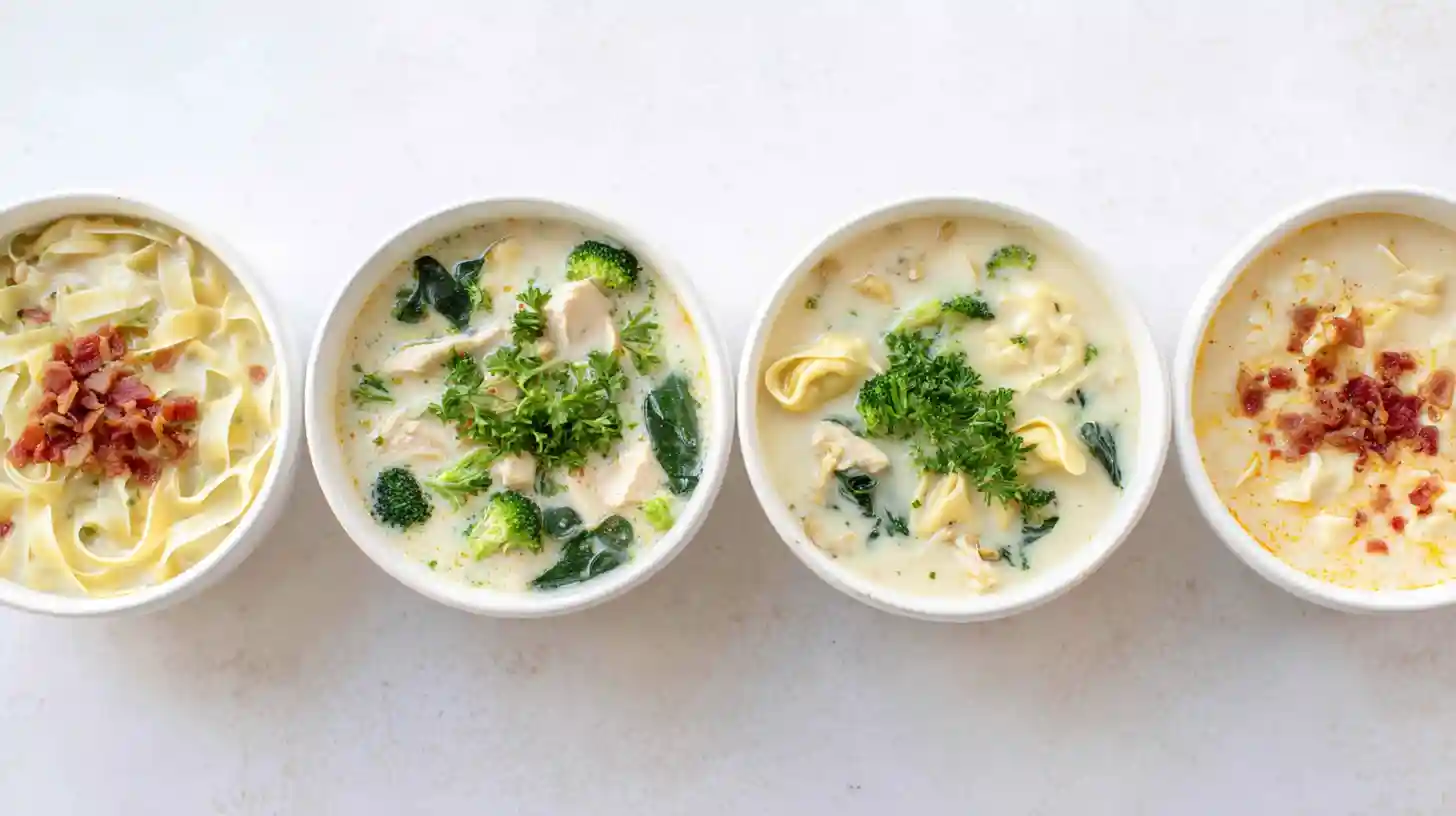 creamy-chicken-alfredo-soup-variations-family-dinner Five creamy chicken Alfredo soup variations in bowls for comfort food recipes, family dinner ideas, and high-protein chicken soup inspiration.