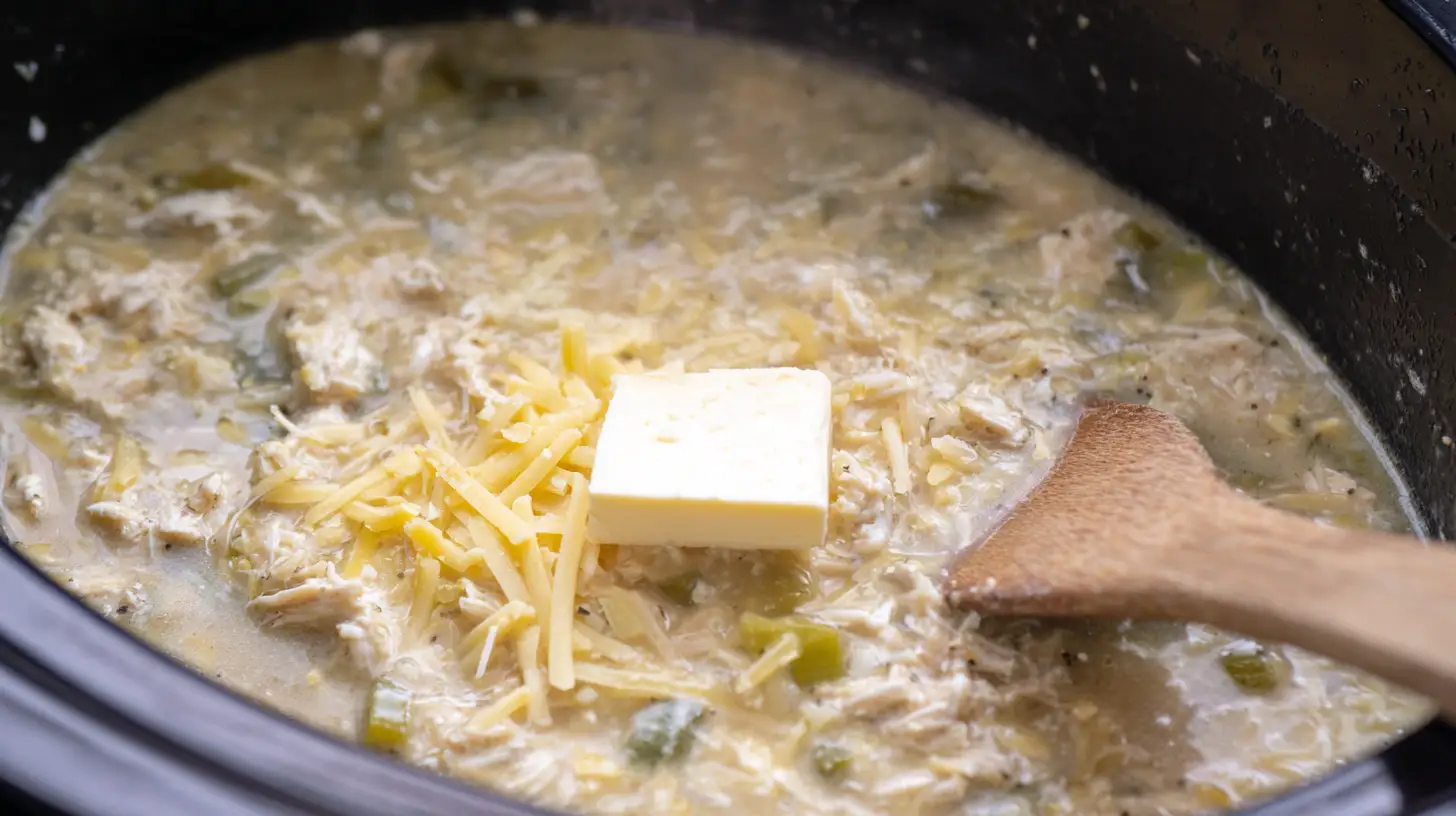 Stirring cream cheese into Crock Pot green enchilada chicken soup to make it creamy and smooth – high-protein low-carb creamy chicken soup recipe