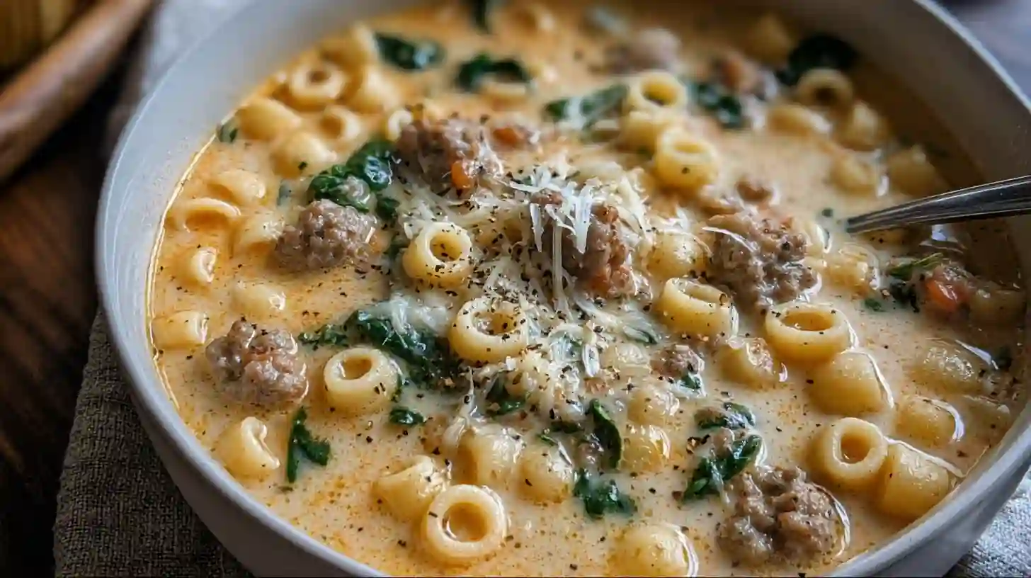 creamy-italian-sausage-ditalini-soup-served-hot Hot creamy Italian sausage ditalini soup topped with Parmesan, perfect for easy comfort food dinners and hearty fall soup recipes.