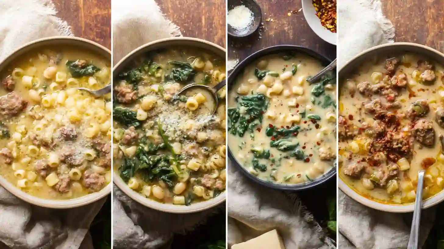 creamy-italian-sausage-soup-recipe-variations Four variations of creamy Italian sausage soup including classic ditalini, Tuscan beans and spinach, spicy Calabrian, and lightened-up healthy soup options for easy weeknight meals.
