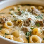 A bowl of Creamy Parmesan Italian Sausage Ditalini Soup, chunks of sausage, grated Parmesan, and fresh herbs in a rich golden broth.