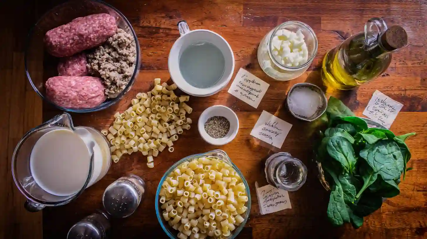 creamy-parmesan-italian-sausage-ditalini-soup-ingredients-image Flat-lay of ingredients for creamy Italian sausage ditalini soup including sausage, ditalini pasta, Parmesan cheese, cream, onion, garlic, broth, greens, and seasonings.