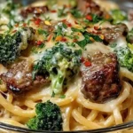 Close-up of Creamy Steak and Baby Broccoli Alfredo Spaghetti topped with melted cheese and fresh parsley in a glass bowl.
