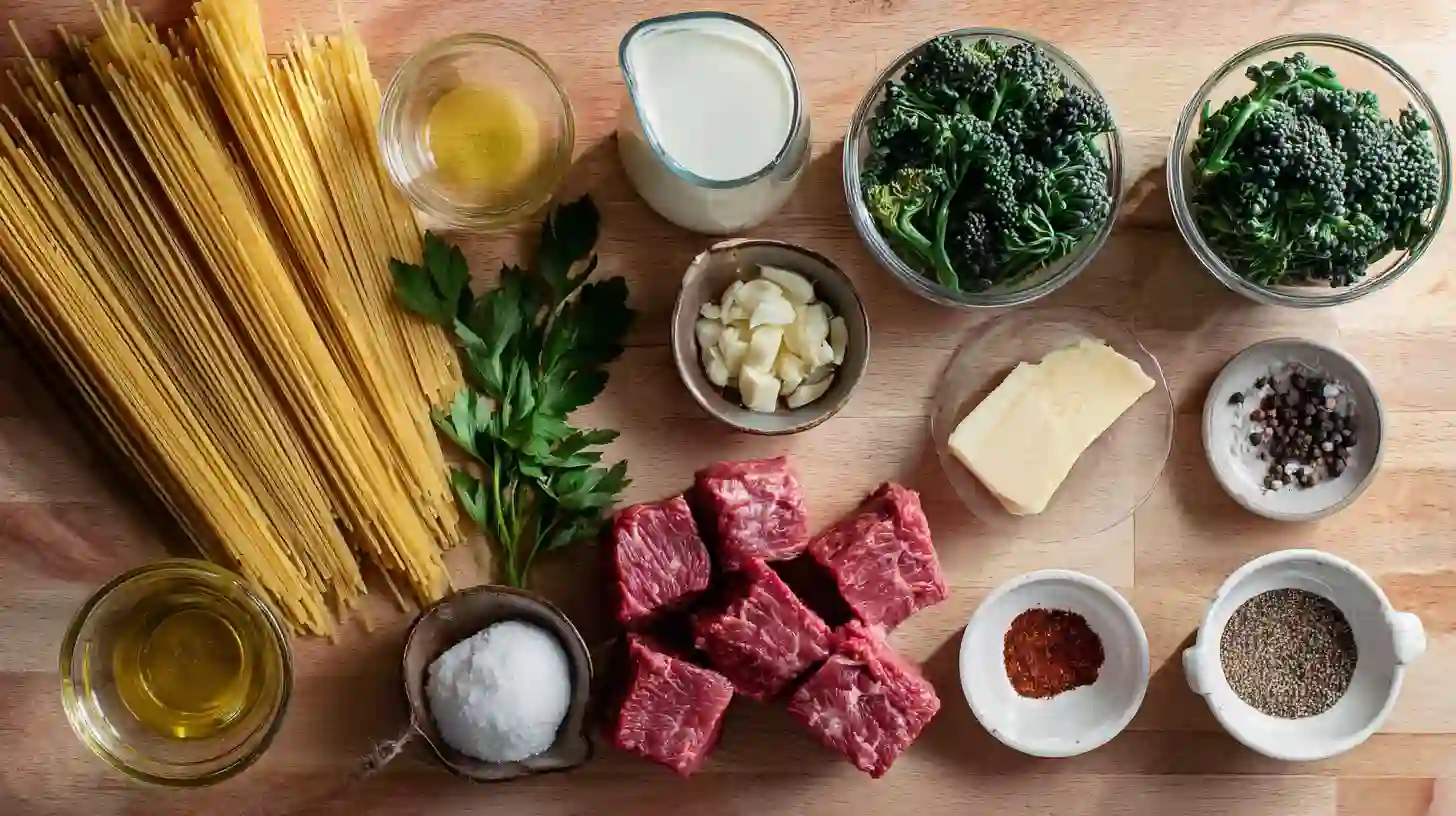 Flat lay of Creamy Steak and Baby Broccoli Alfredo Spaghetti ingredients including sirloin steak, spaghetti, baby broccoli, garlic, heavy cream, Parmesan, and spices.
