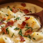 A bowl of creamy crock pot crack potato soup with chunks of golden potatoes, crispy bacon, melted cheese, and chopped chives, served with a wooden spoon.