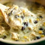 Close-up of Crock Pot green enchilada chicken soup in a rustic bowl, with shredded chicken, melted cheese, and cilantro being lifted by a spoon – comforting creamy soup for cold days
