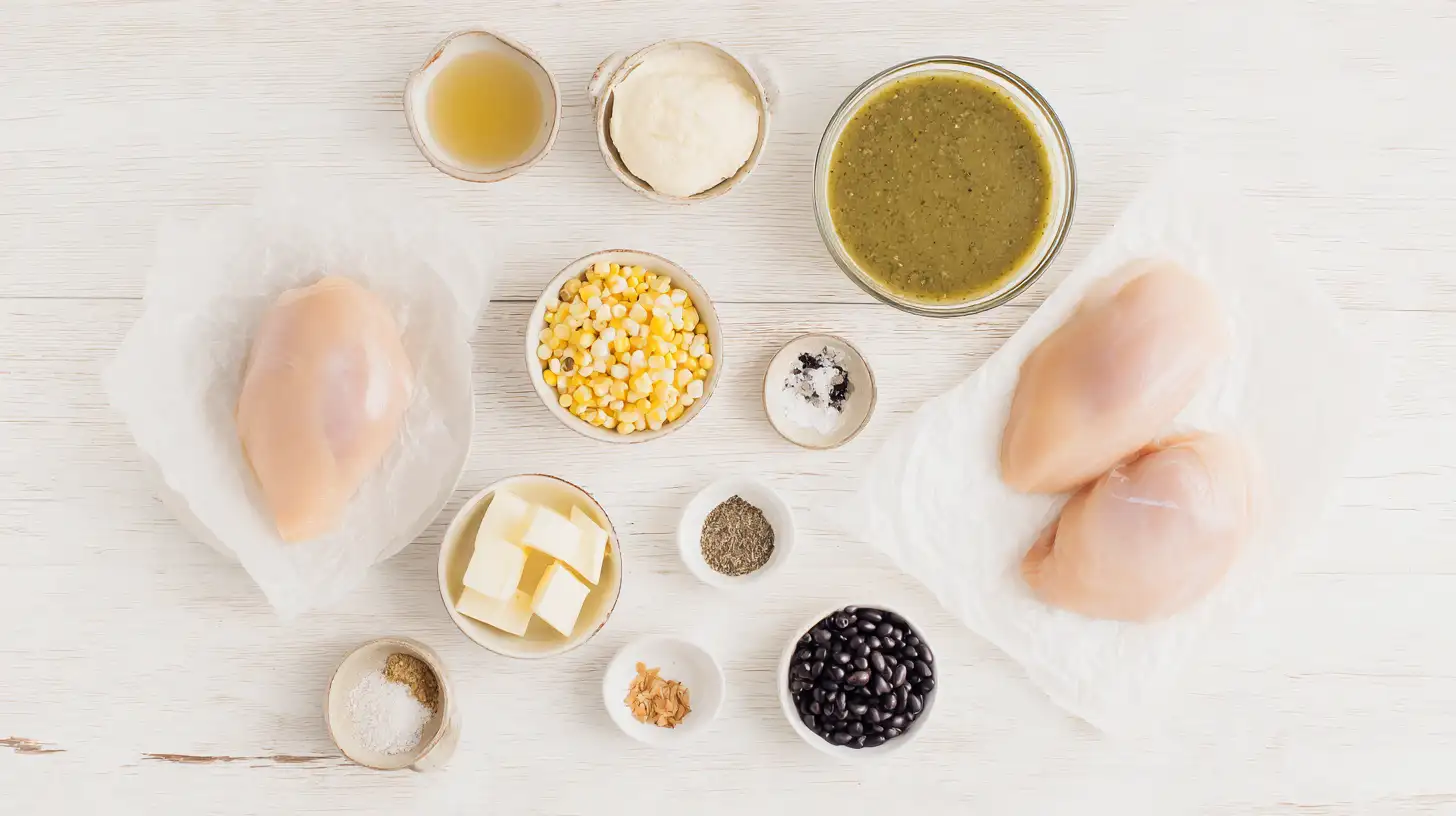 Ingredients for Crock Pot green enchilada chicken soup including raw chicken breasts, green enchilada sauce, cream cheese, chicken broth, green chiles, corn, black beans, and spices arranged on a white surface