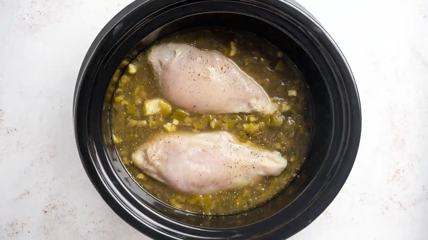 Crock Pot filled with raw chicken breasts, green enchilada sauce, chicken broth, green chiles, and spices – the flavorful soup base for slow cooker green enchilada chicken soup