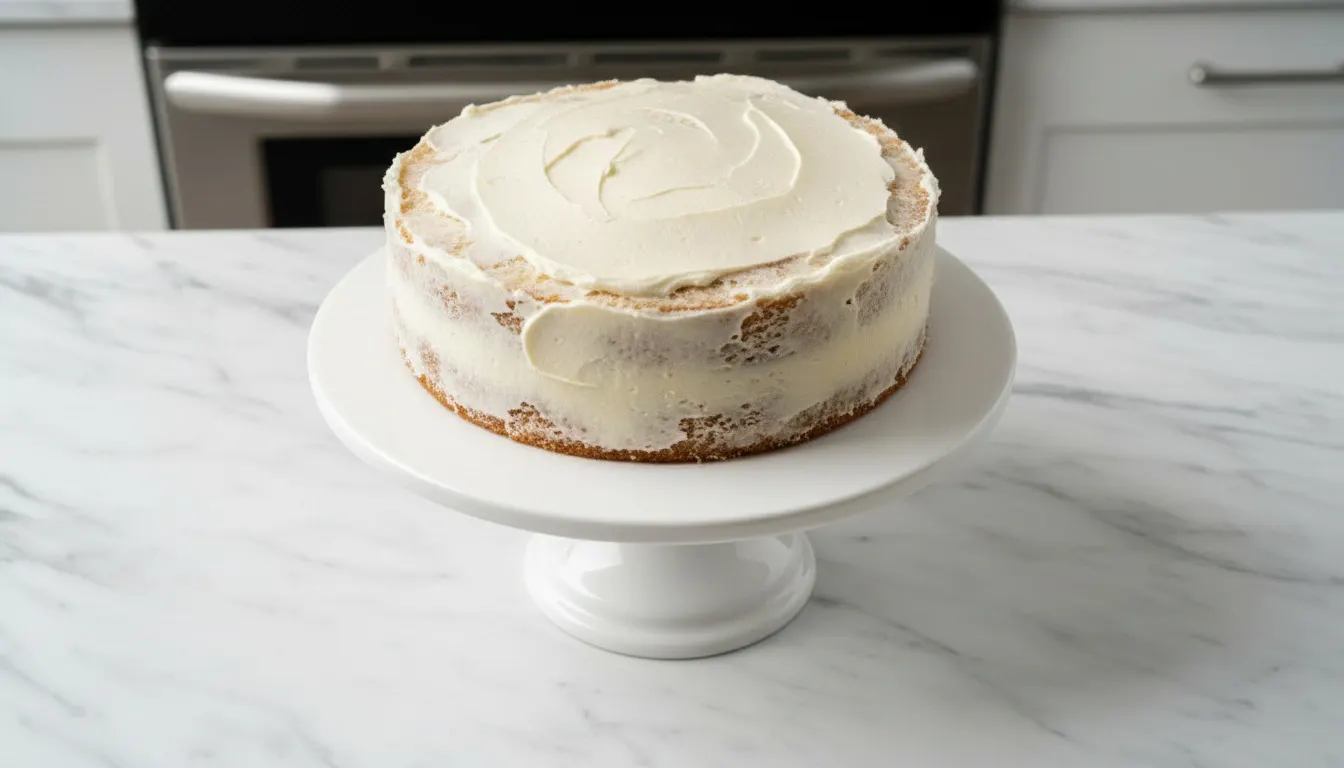 crumb-coat-pineapple-cake-layer-cream-cheese-frosting Crumb-coated pineapple cake layer on white serving plate with cream cheese frosting for tropical dessert.