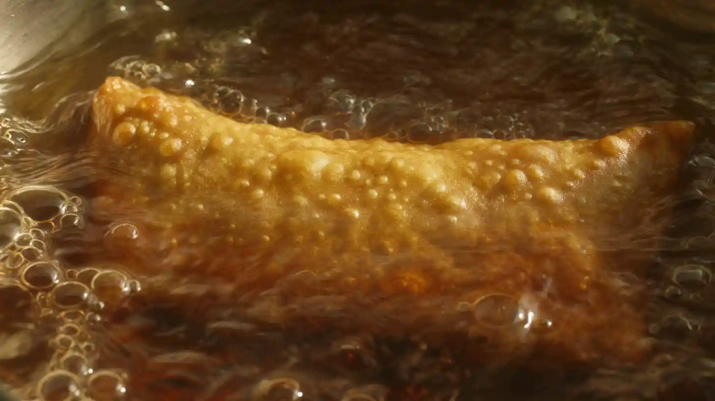Chimichanga submerged in 350F hot oil with bubbles fizzing around the golden blistered crust.