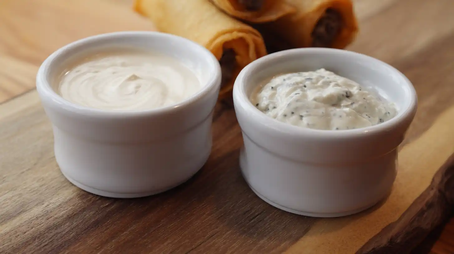 Buttermilk ranch and chunky blue cheese dips served with fried Texas Twinkies egg rolls — perfect creamy dipping sauces for spicy appetizers