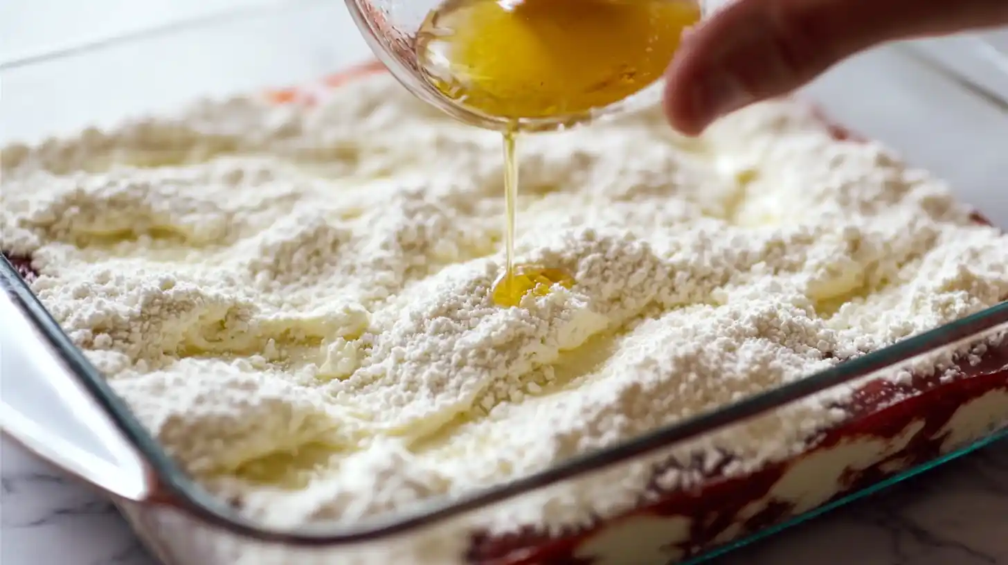 Drizzling melted butter over cake mix layer for Easy strawberry cheesecake dump cake, easy dessert idea with white cake and cream cheese.