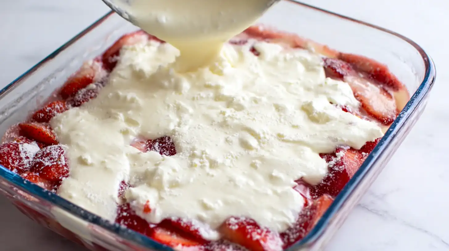 Dropping cream cheese filling over white cake mix for best strawberry cream cheese dump cake, quick dessert for family gatherings.