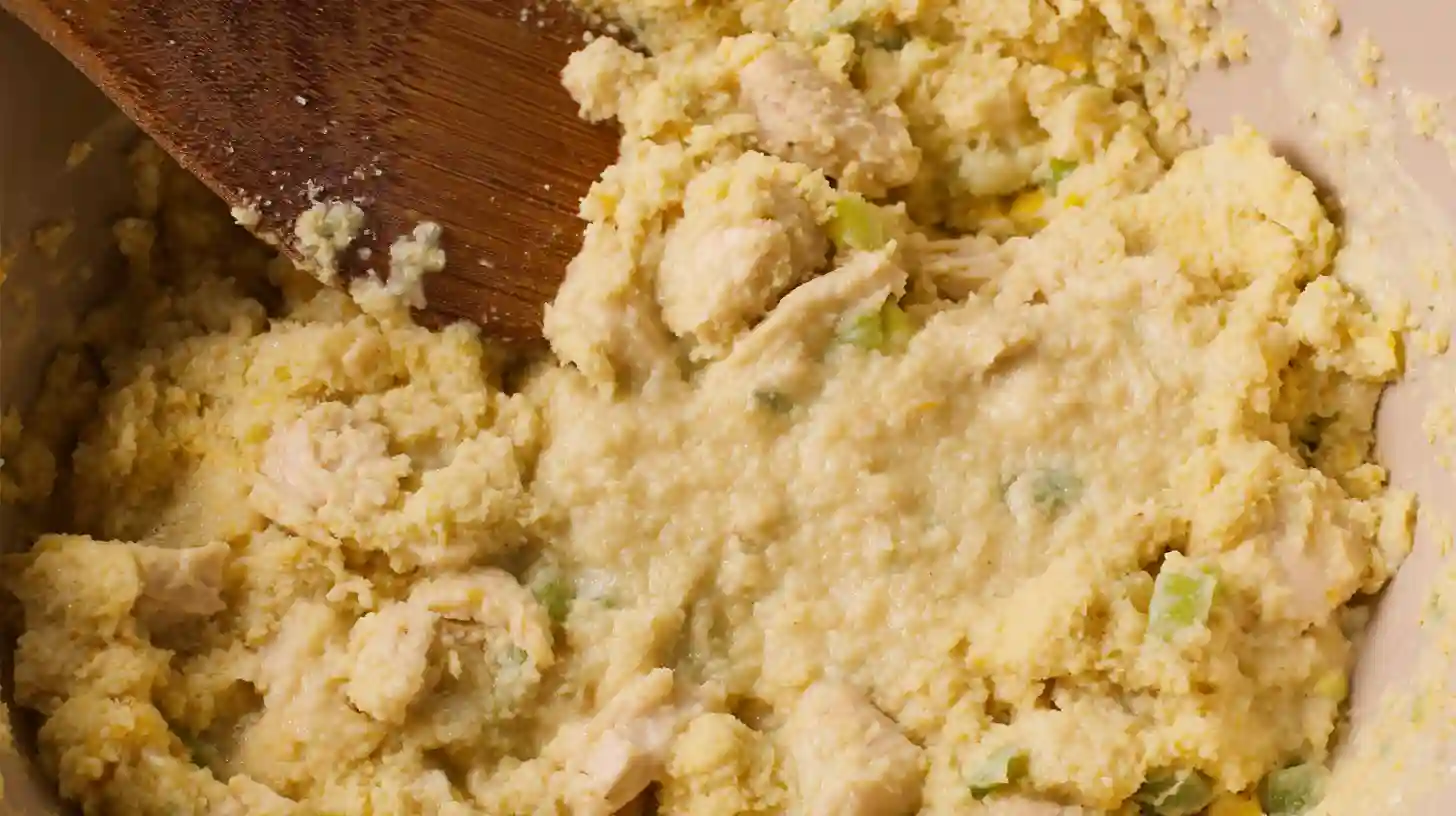 easy-chicken-casserole-creamy-comfort-food-step3 Stirring cream of chicken soup, broth, and seasonings into an easy chicken casserole dish for moist and creamy comfort food ideas.