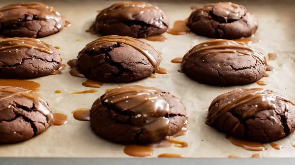 Espresso caramel cheesecake cookies with mocha cookie dough and espresso-infused caramel drizzle — rich dessert for coffee and chocolate lovers