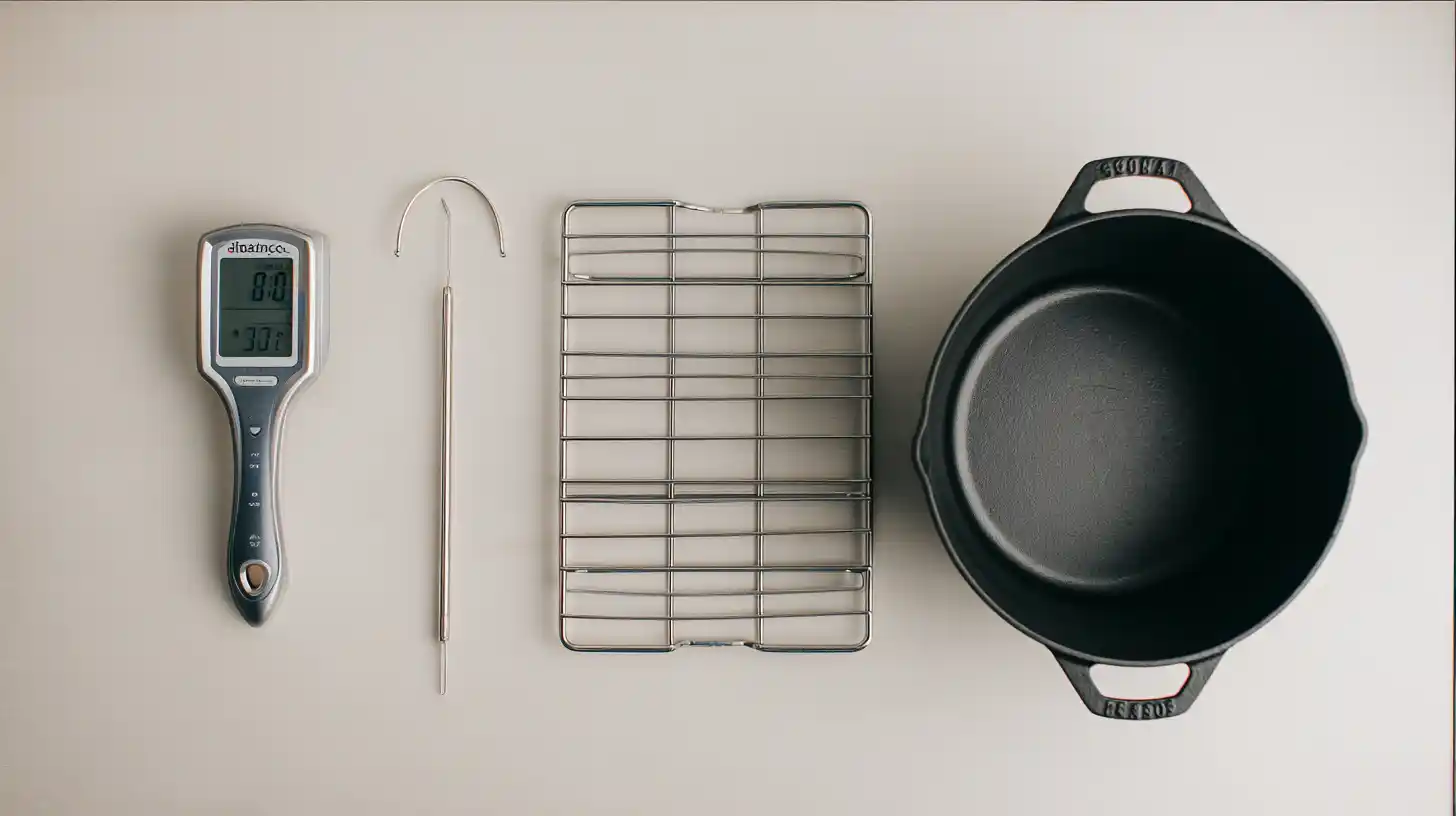 Essential tools for frying Texas Twinkies egg rolls — digital thermometer at 350°F, cast iron Dutch oven, wire rack with baking sheet