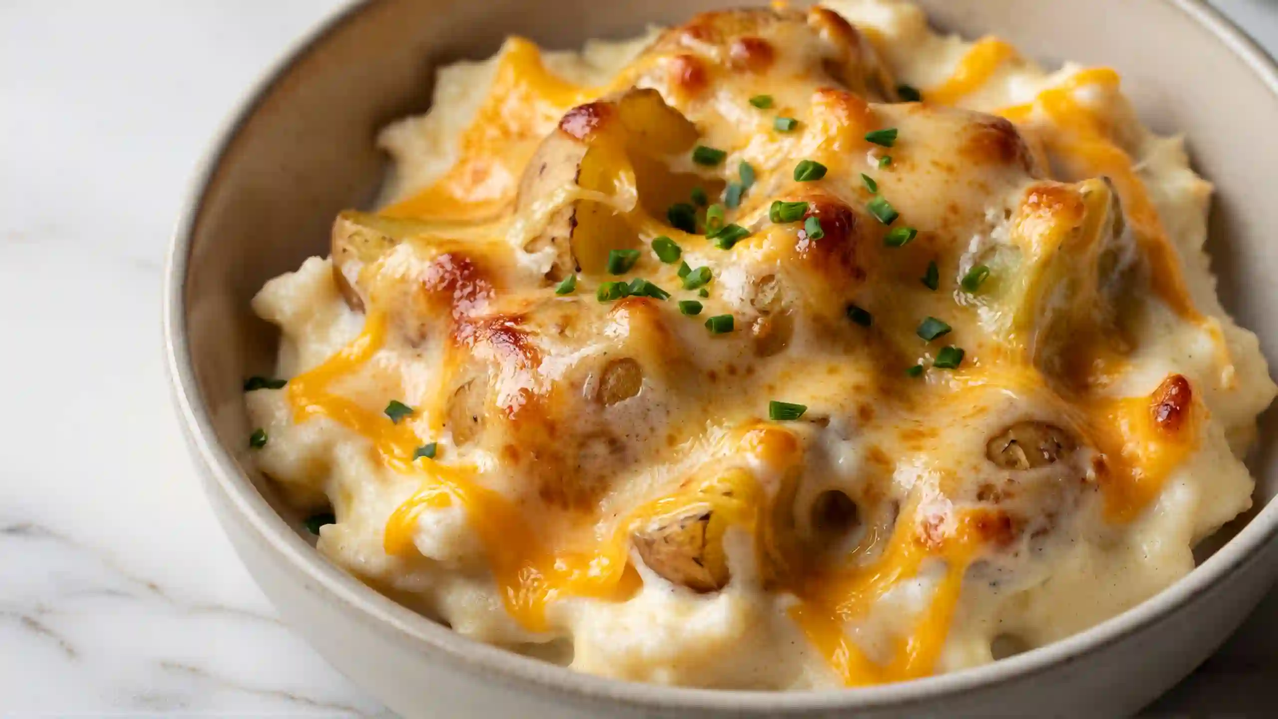 Four-cheese mashed potatoes with melted cheddar, Gruyère, cream cheese, and Parmesan – creamy holiday side dish with chives