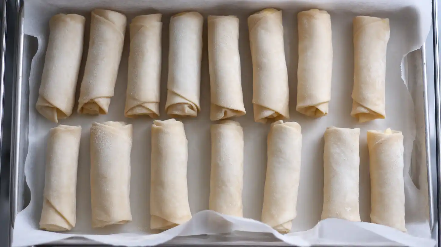 Raw Texas Twinkies egg rolls on parchment-lined tray being chilled in freezer — prepping brisket-filled appetizers for deep frying