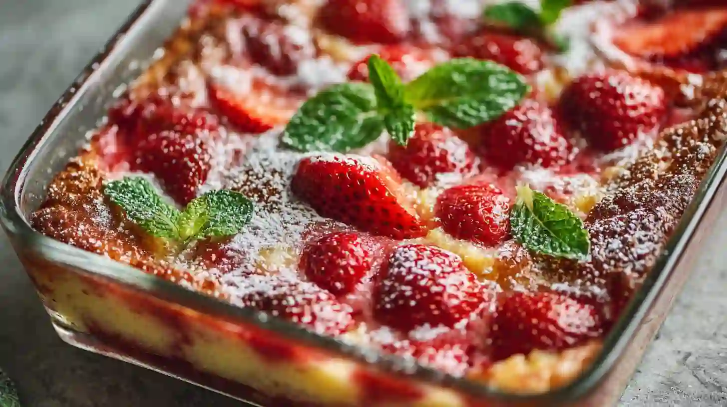 Fresh strawberry dump cake recipe with cream cheese, easy strawberry dessert for summer parties.