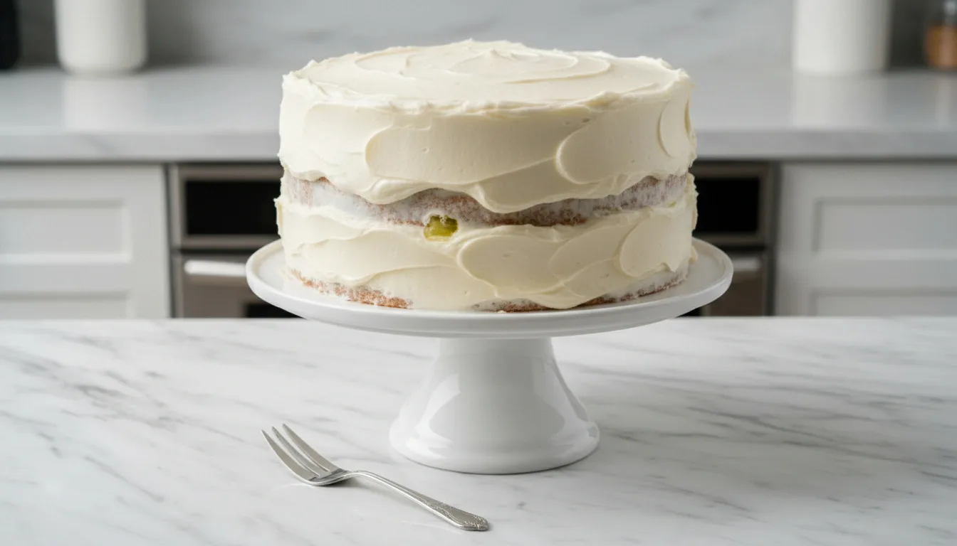 frosted-two-layer-hawaiian-pineapple-cake-cream-cheese Two-layer Hawaiian pineapple cake with smooth cream cheese frosting on white plate, tropical dessert recipe.