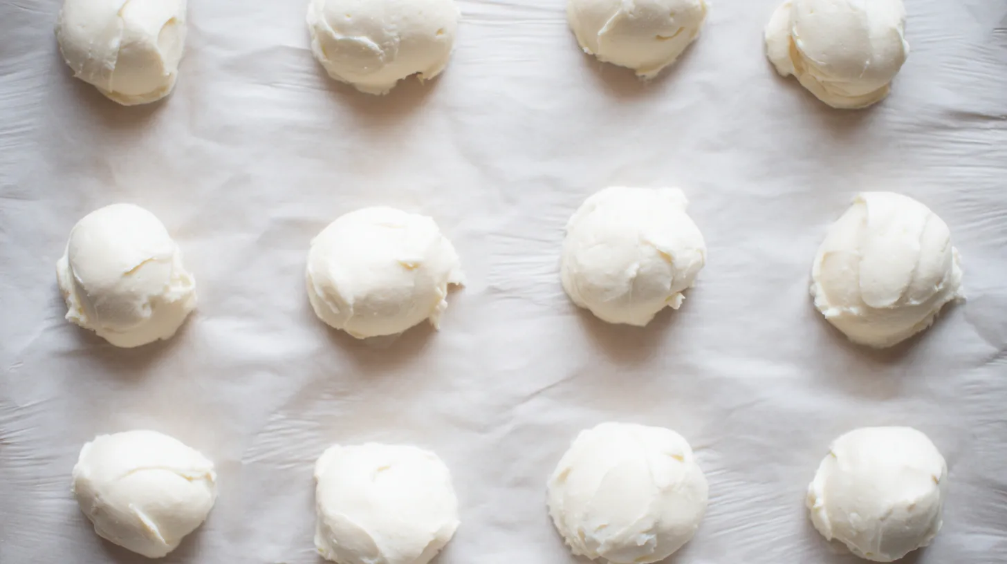 Frozen cheesecake cookie filling scooped onto parchment paper for stuffed cookie recipe