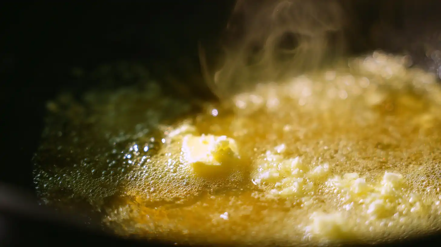Melted butter with minced garlic sizzling in skillet — how to make garlic butter sauce for pasta and steak recipes