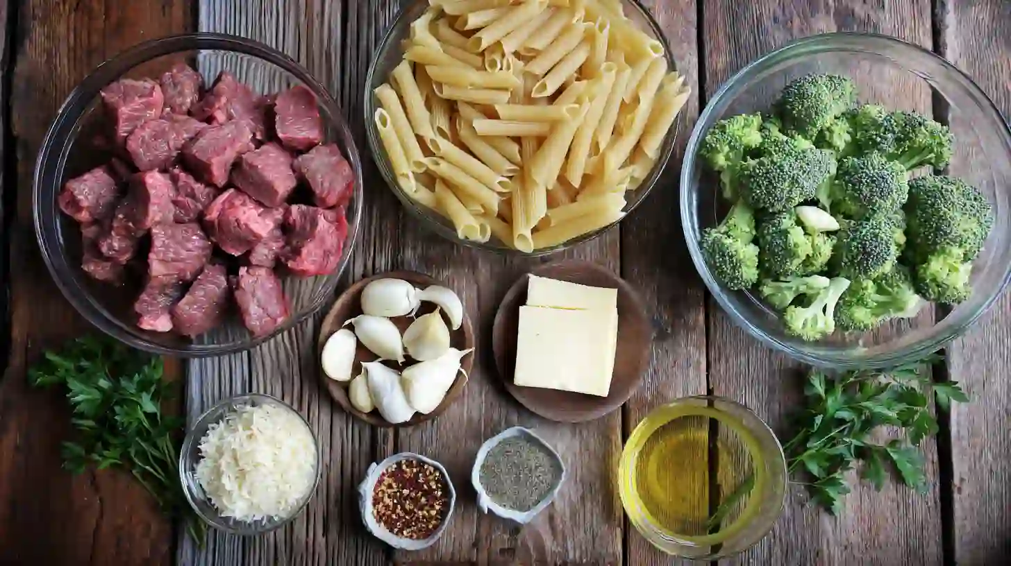 Flat lay of raw ingredients for garlic butter steak and broccoli penne pasta including steak, pasta, broccoli, garlic, butter, and parmesan