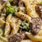 Creamy garlic butter steak and broccoli penne pasta in a white bowl with parmesan and black pepper