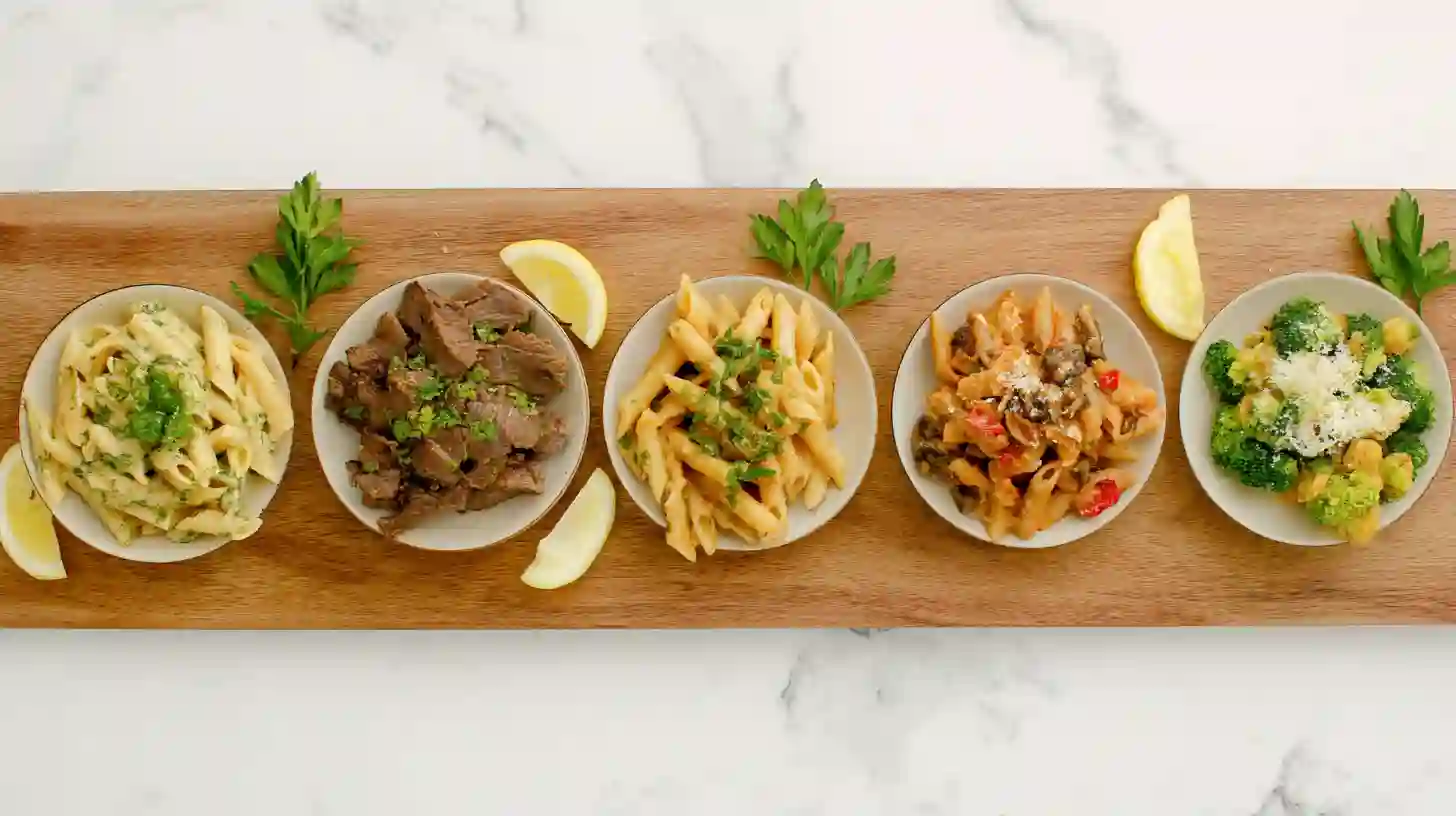 Five garlic butter pasta variations including steakhouse, lemon herb, Cajun cream, mushroom truffle, and healthy broccoli — easy creamy steak pasta recipe ideas