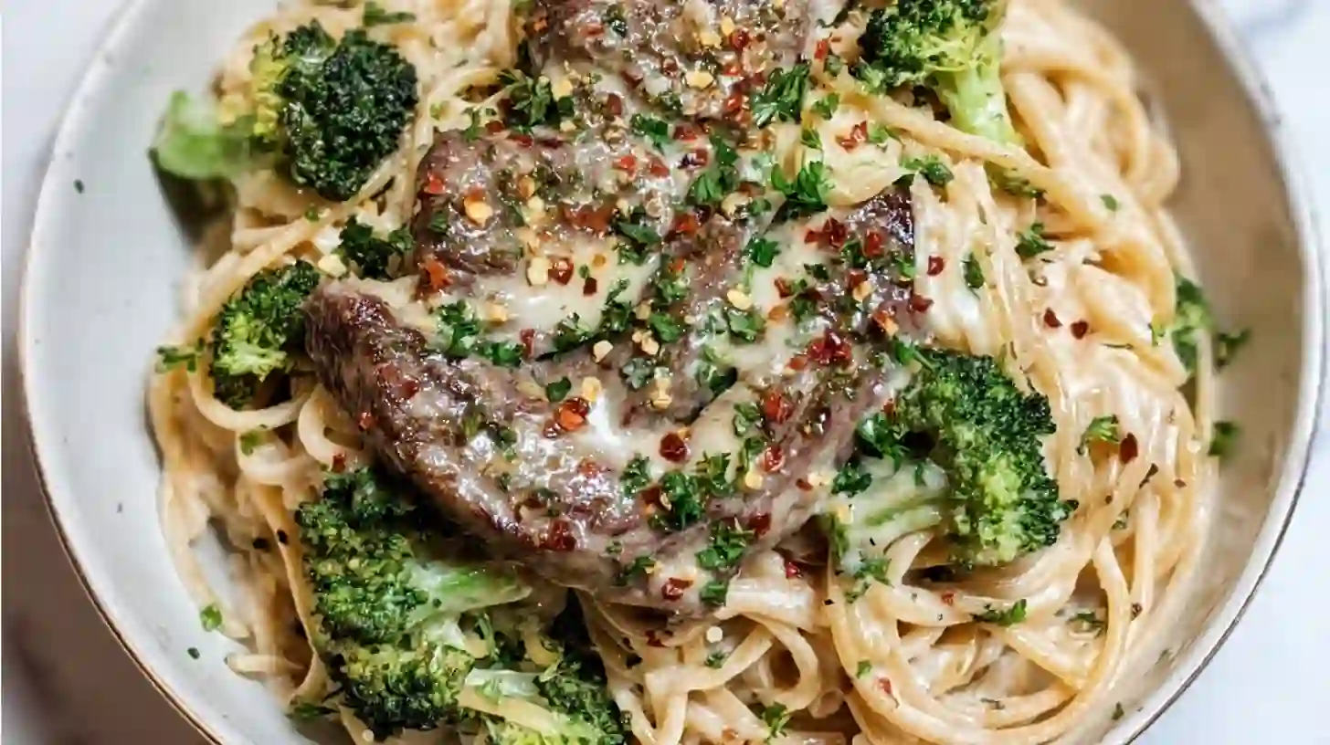 Final creamy steak Alfredo spaghetti with cracked pepper and parsley for easy family pasta dinner recipe