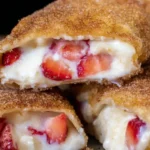Stack of golden fried strawberry cheesecake chimichangas cut open to show thick creamy filling and fresh strawberry chunks.