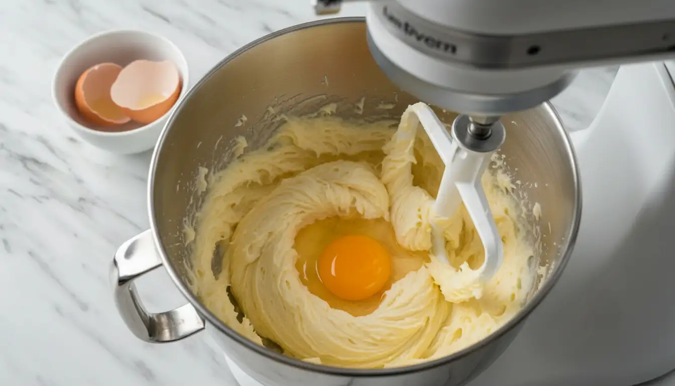 hawaiian-pineapple-cake-add-eggs-to-batter Beating eggs into creamed butter and sugar for Hawaiian Pineapple Cake batter, one at a time, in a stand mixer bowl on marble countertop.
