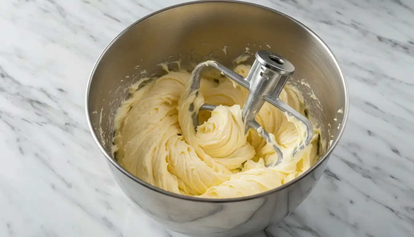 hawaiian-pineapple-cake-cream-butter-sugar-mixer Creaming butter and sugar for Hawaiian Pineapple Cake batter in a stand mixer bowl on marble surface, creating a light and fluffy cake texture.